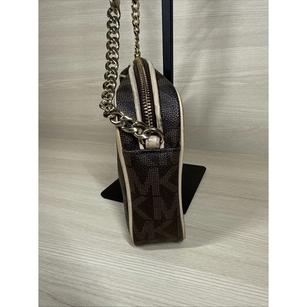 Michael Kors Brown Logo Saffiano Leather‎ Gold Chain Jet Set Small Crossbody